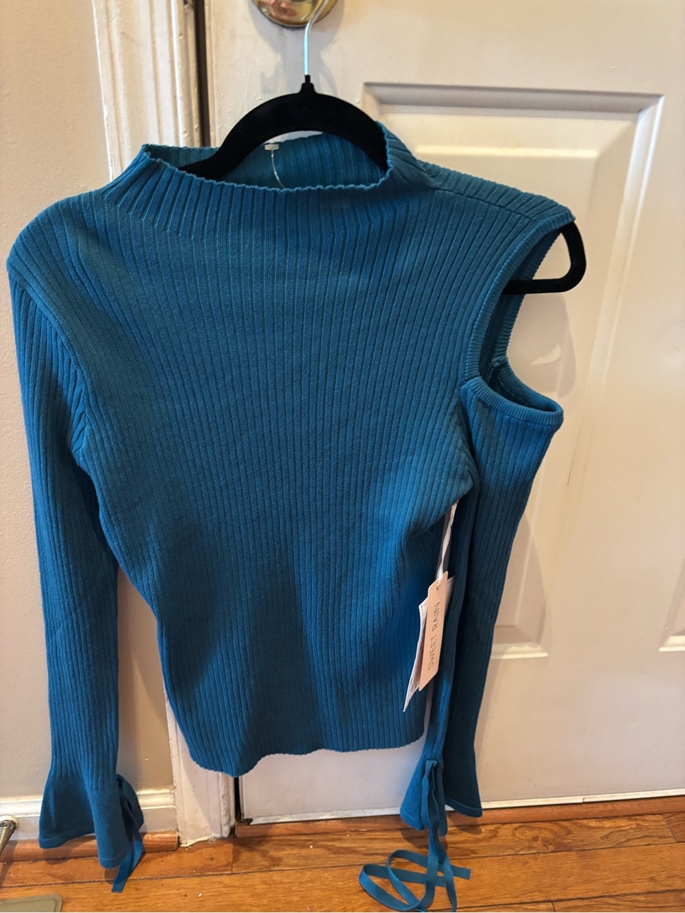 Sweet Rain Teal Ribbed Asymmetrical Cold-Shoulder Turtleneck Sweater